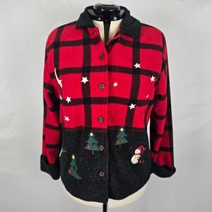 Karen Scott Coat Women's Small Red Black Check Holiday Button Up Felt Vintage